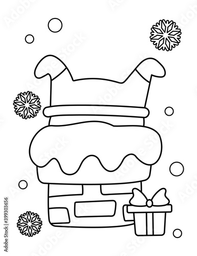 Christmas coloring page for children. Funny Santa Claus stuck in the chimney. Outline winter illustration.