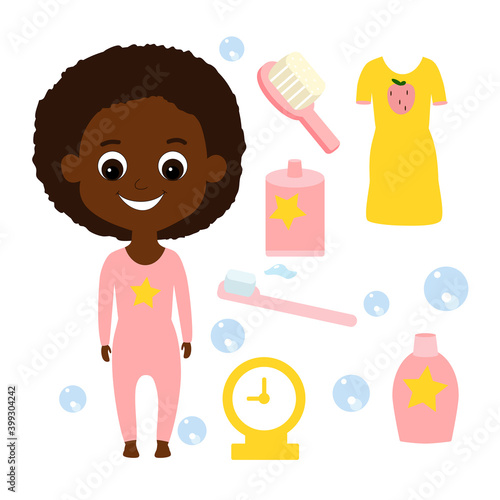 A set of a child in pajamas and items for hygiene, toothbrush, paste, soft comb, table clock, shampoo, bubbles and nightgown. The girl American or African American has brown hair. 