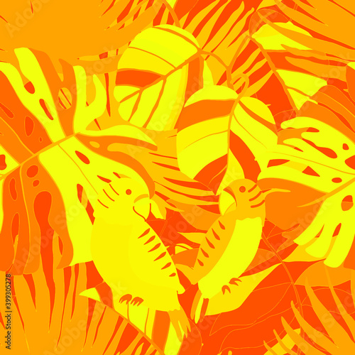 Creative seamless pattern with tropical birds, parrots, leaves and flowers. Trendy texture with hand drawn exotic plants. Swimwear botanical design. Jungle exotic summer print.	