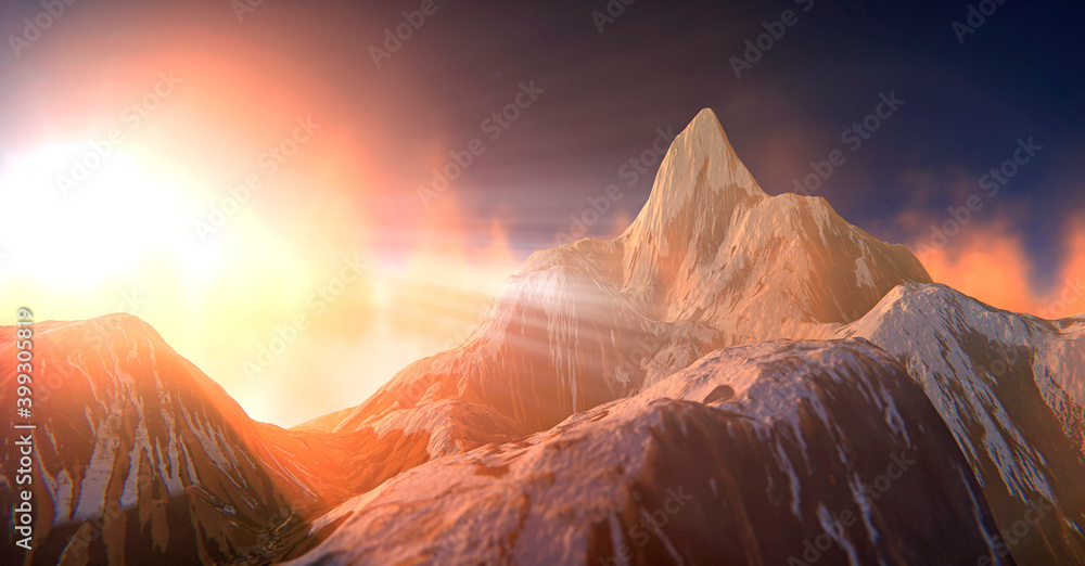 3D illustration. Morning in the mountains. Panorama of beautiful countryside Beautiful landscape at sunset.