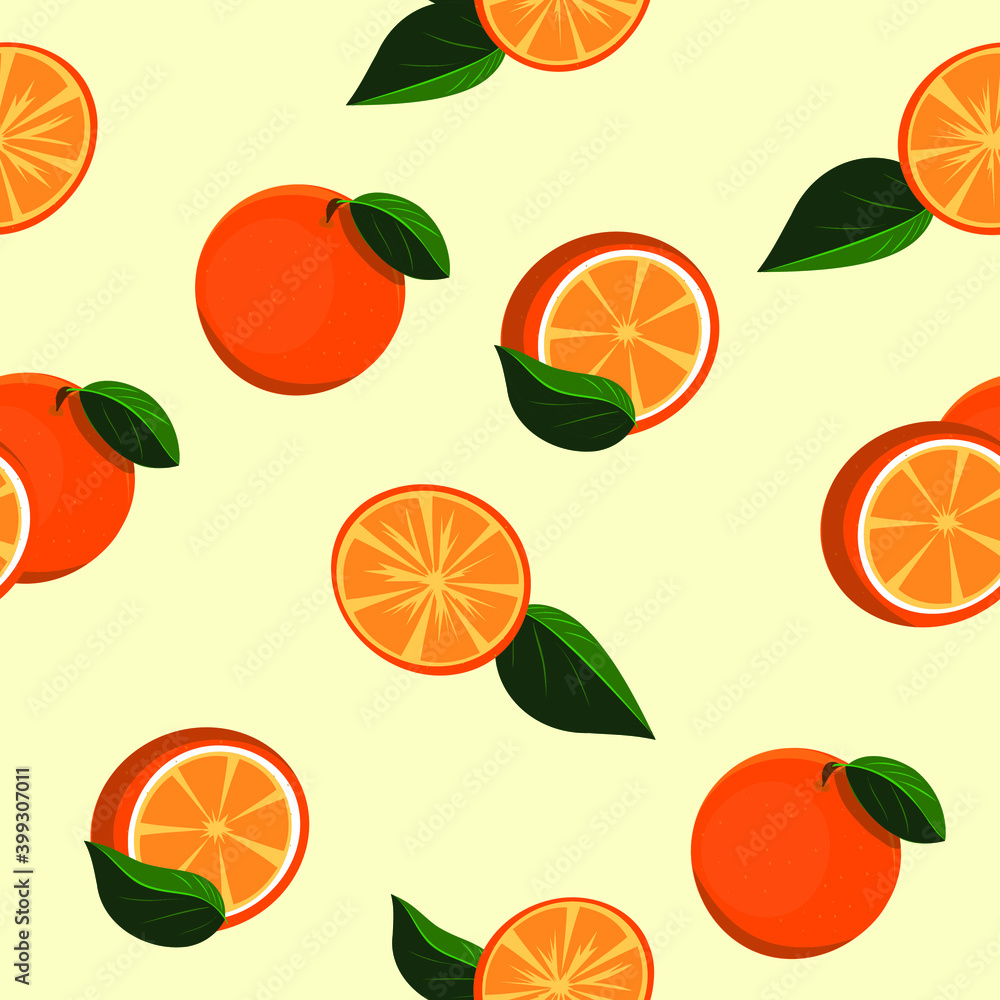 seamless pattern orange on a yellow background with leaves, print, background