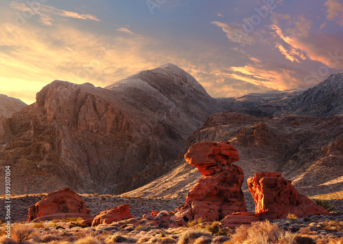 The Unique Red Rock Formations of the Valley of Fire, Nevada at Sunrise