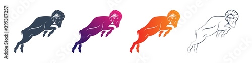 Set of ram profile icons with a large horn. Side view. Zodiac astrological symbol of the sheep. Aries illustration vector flat design. Silhuette of a goat as a mascot of fortune and sport