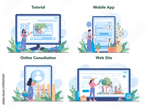 Gardener online service or platform set. Idea of horticultural designer