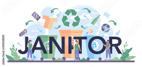 Janitor typographic header. Cleaning staff with special equipment.