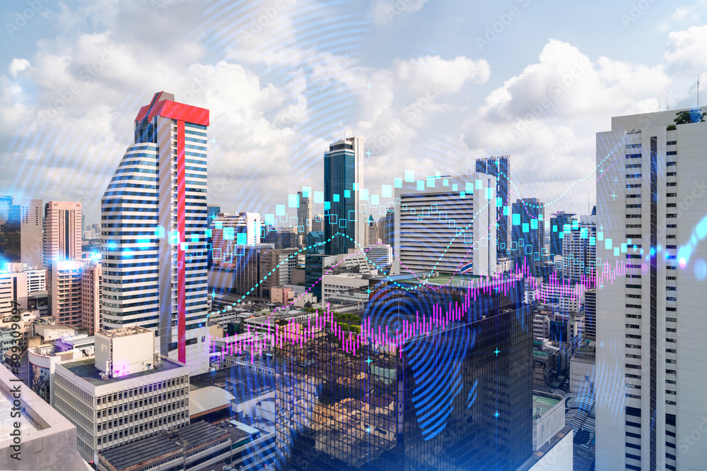 Forex and stock market chart hologram over panorama city view of Bangkok, the financial center in Asia. The concept of international trading. Double exposure.