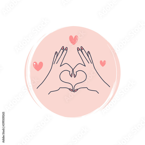 Cute logo or icon vector with romantic hands showing heart shape gesture, illustration on circle with brush texture, for social media story and highlights