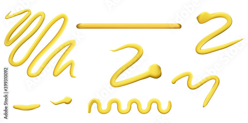 Mustard zigzag strips, food condiment realistic design elements set isolated on white. Vector illustration of stains, smears  yellow sauce
