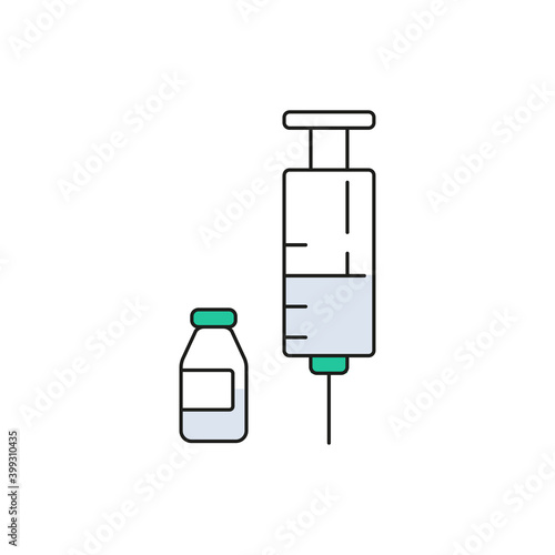 Ampoule and syringe, shot, medicine or flu vaccine. Simple vector icon, filled outline.