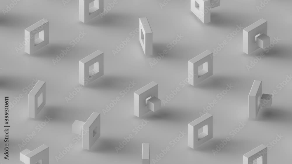 3d seamless bright looping minimalist background. 4k template. Isometric camera and grid cloning of white cubes geometry.