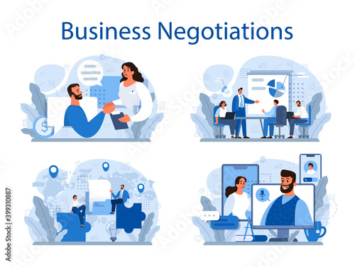 Business negotiations concept set. Business planning and development