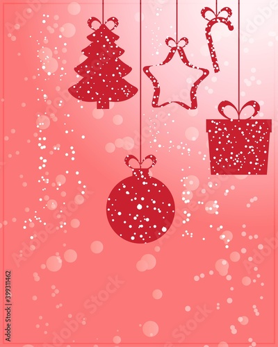 Vector illustration of Happy New Year 2021, Christmas greeting card background concept with X-mas tree, balls and gifts hangings on snowy background, happy new year wishes.