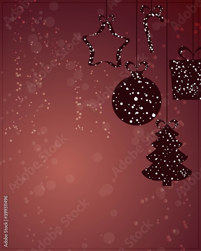 Vector illustration of Happy New Year 2021, Christmas greeting card background concept with X-mas tree, balls and gifts hangings on snowy background, happy new year wishes.