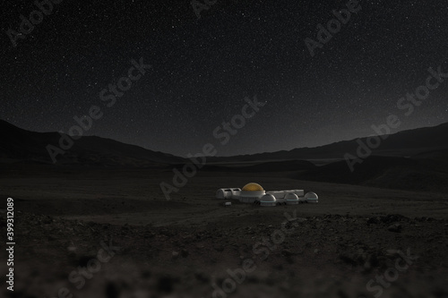 Papier peint Futuristic base station in a space desert landscape under a starry night sky, 3d illustration