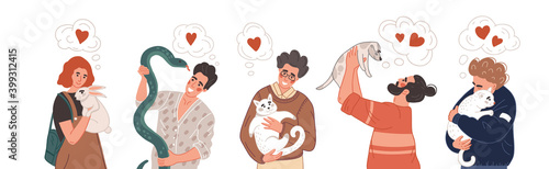 a set of pictures with people hugging their pets. guys love cats, a man with a snake, a guy holding a puppy, a girl hugging a rabbit. love for domestic animals around us