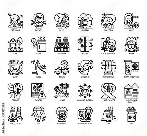 Set of air pollution thin line and pixel perfect icons for any web and app project.