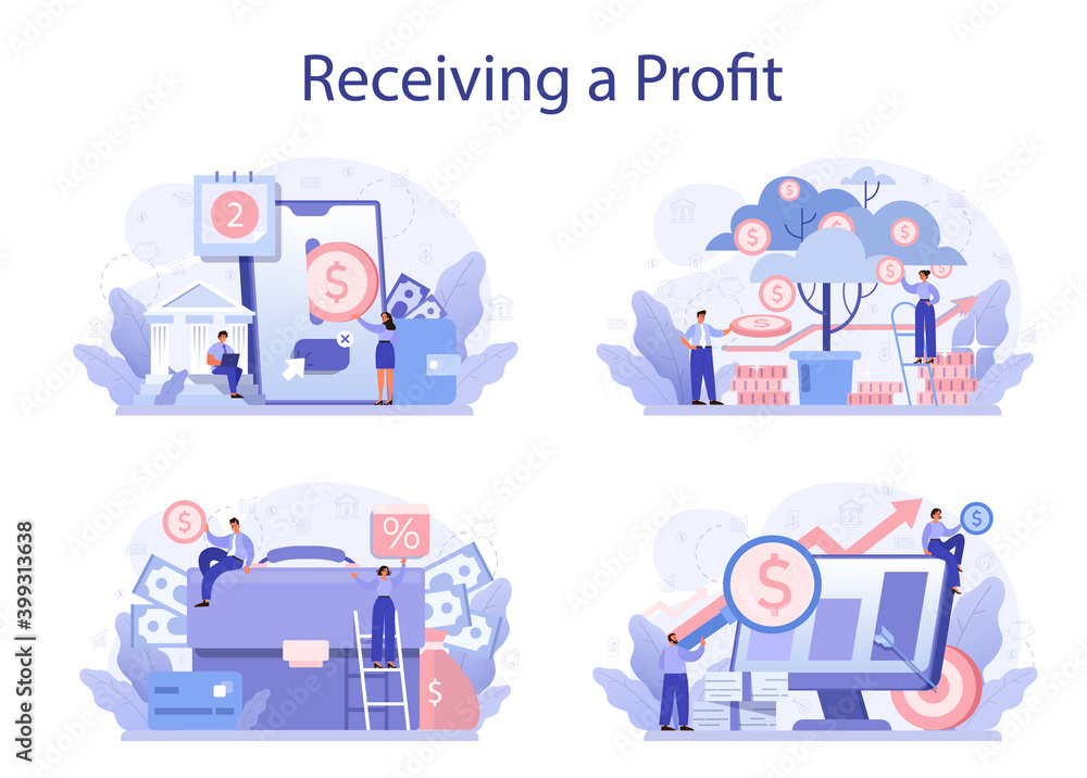 Receiving profit concept set. Idea of business success and financial