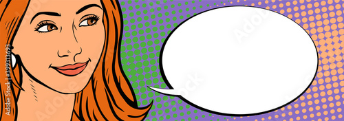 Portrait of a beautiful girl. A smile on my face. Banner with place for text. Vector illustration in pop art style.