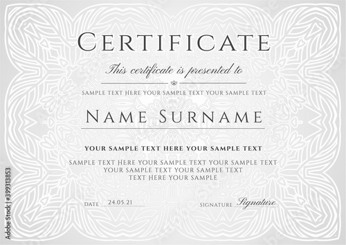 Silver elegant certificate with line curve pattern ornament on background. Vintage vector template for invite, diploma