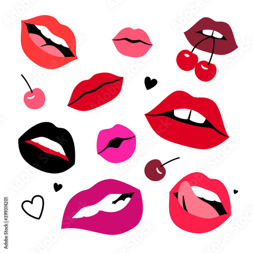 Sensual lips set. Cartoon colorful women lips with cherry and hearts, concept of sensual kisses, vector illustration of sexy glamorous smiles with tongue isolated on white backgroun