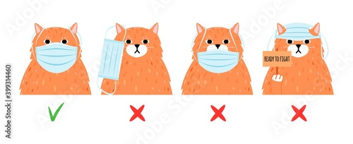How to wear protective mask. Correct incorrect ppe use, flu cold dust air protection vector concept