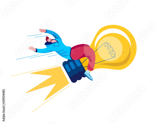 A young man flies on a light bulb-thoughts, as on a rocket. Vector illustration of a successful idea.