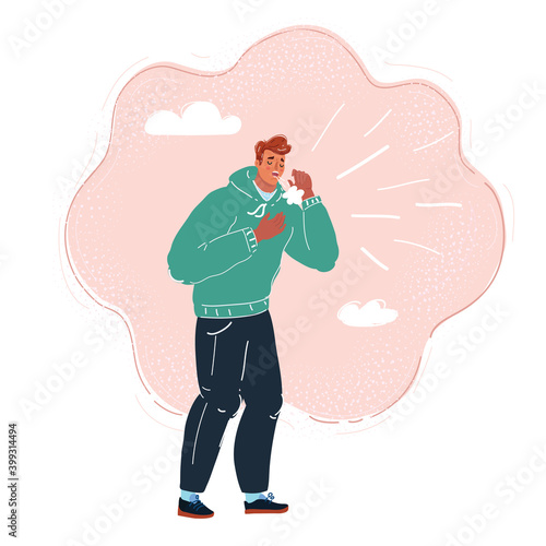 Vector illustration of man caught cold, sneezing, ill. Father has flu, sneeze, spring allergies. Allergic sneezing