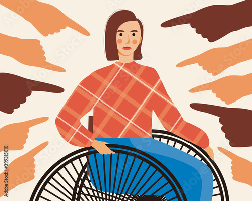 Wheelchair disabled person isolated, forefinger as a concept of condemnation, accusation, censure, flat vector stock illustration with social problem of inclusive person in society