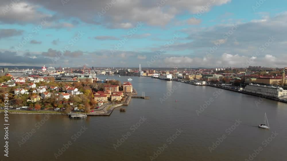 Gothenburg City Cityscape and River. Aerial View Pedestal, Descending. Gothenburg City Cityscape and River. Aerial View Pedestal, Descending.