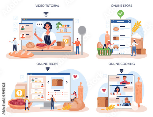 Baker online service or platform set. Chef in the uniform baking bread.