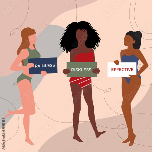 Vector illustration with girls in swimming suits hold signs. Painless, riskless, effective. Postcard, poster with character on abstract background in natural beige colors in flat style