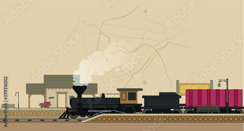 Railway station locomotive with map vector graphics