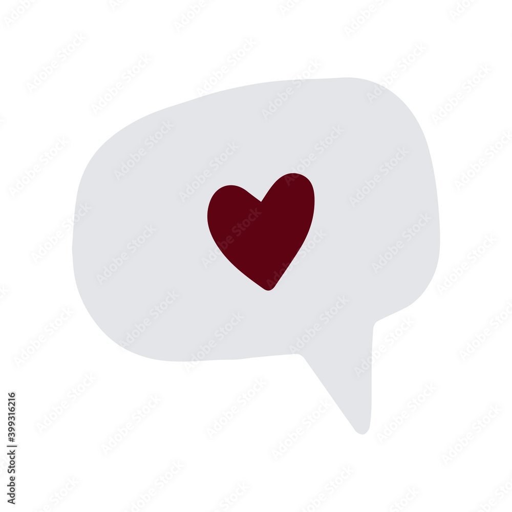 Single design element - speech bubble with red heart. Romantic sticker. Illustration for valentine card, poster, sticker, icon, banner, gift tag, print. Cute heart symbol in flat style. Love symbol. 