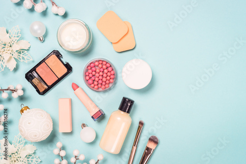 Natural cosmetics for winter make up. Idea for christmas sale, presents for winter holidays. Top view image with copy space.