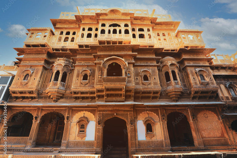 Selective focus on facade of old haveli house in Jaisamer. Jaisalmer is known as Golden City in India