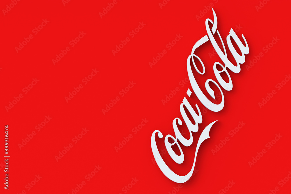 CocaCola logo of white color on red background. International brand of