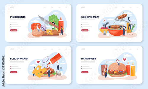Fast food, burger house web banner or landing page set. Chef cook tasty