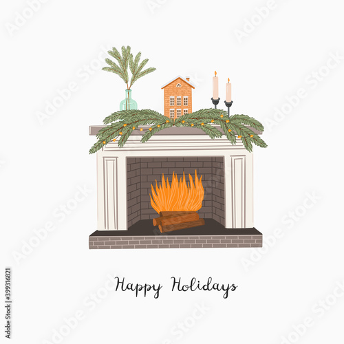 Christmas card with decorated fireplace, vector illustration. Cosy holiday interior, mantelpiece decoration