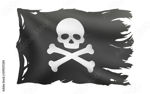 3D realistic vector Illustration, flying pirate flag. Skull with bones, jolly roger. Isolated on White Background.