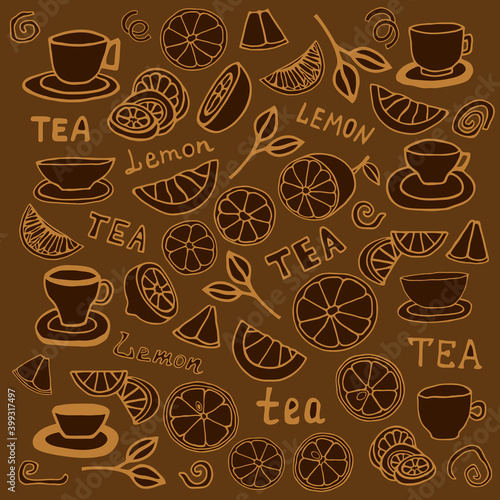 Monochrome illustration with lemons, mugs of tea and lemon slices. Drawing in the style of doodle. © Anna