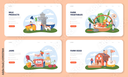 Farm product web banner or landing page set. Farming food production.