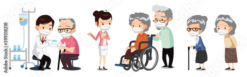 Doctors and nurses inject Covid-19 vaccine to elderly people in hospitals. Patients are waiting in line.