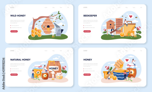 Hiver or beekeeper web banner or landing page set. Professional farmer