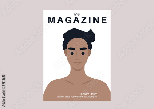 The magazine cover, a headshot of a young male character, lifestyle media