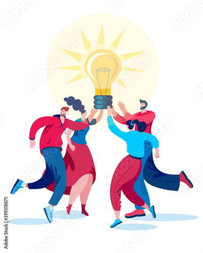 A group of people in casual clothing is holding a large idea. Vector illustration on the topic of brainstorming and collaboration.