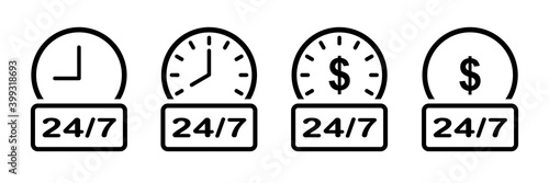 24 hours 7 days in week, 24 hours a day icons set. Fulfillment of orders, work schedule, service-center.