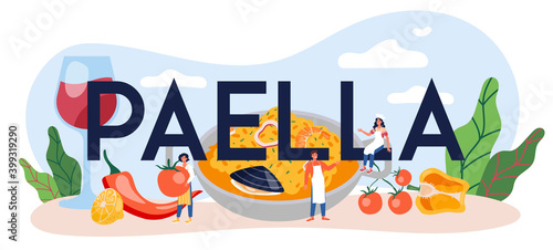 Paella typographic header. Spanish traditional dish with seafood