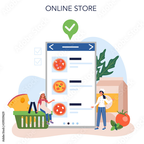 Pizza maker online service or platform. Chef cooking tasty delicious pizza.