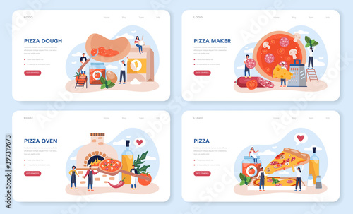 Pizza maker web banner or landing page set. Chef cooking tasty delicious pizza.