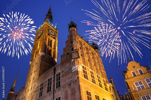 Happy New Year fireworks over Old Town of Gdansk. Poland, Europe